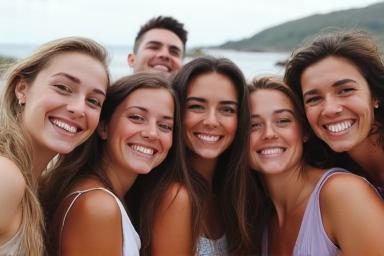 Group of travelers smiling and taking a photo together